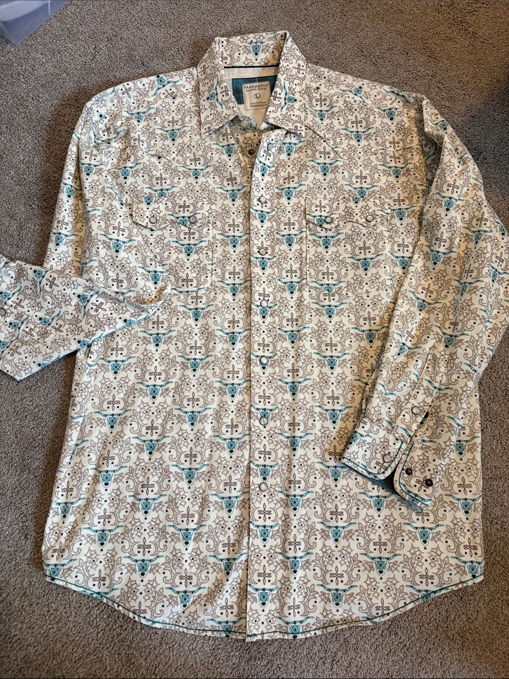 Men's Casual Button-Down Shirt in Cream with Teal Accents